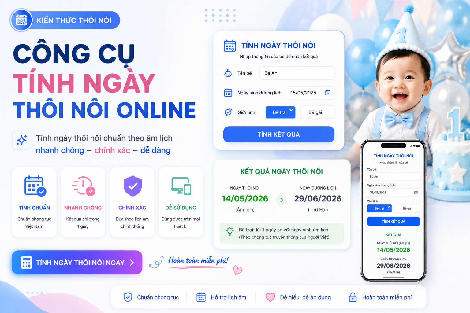 Công cụ tính ngày thôi nôi online chính xác, nhanh chóng cho ba mẹ