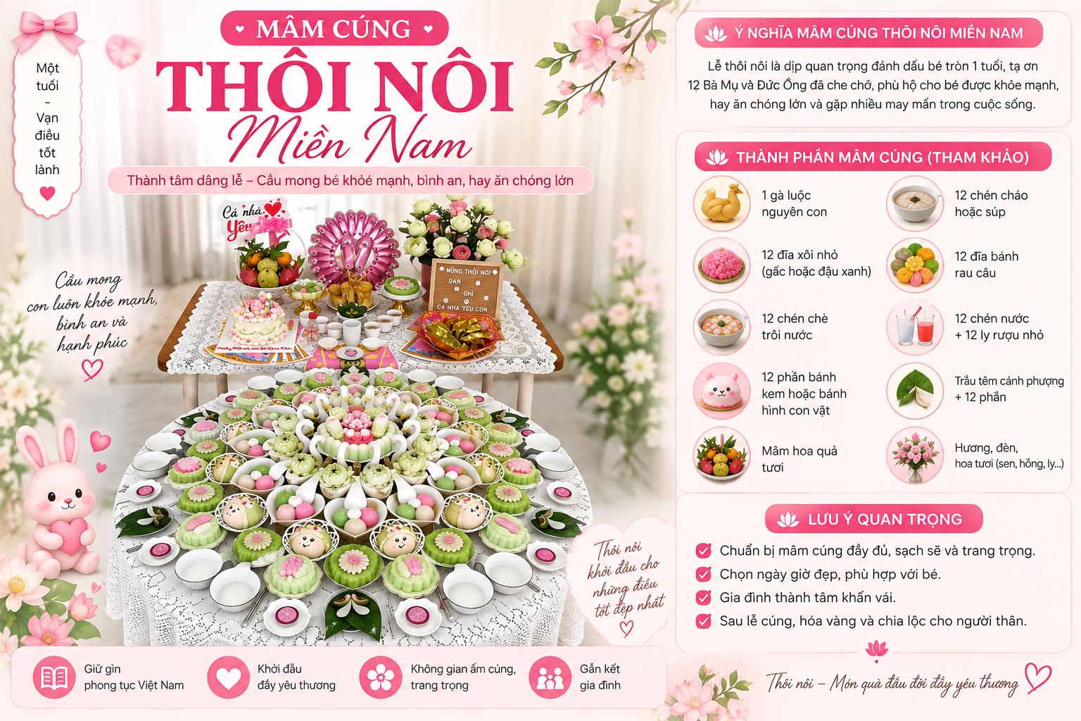Hướng dẫn chuẩn bị mâm cúng thôi nôi miền Nam đầy đủ và đúng phong tục